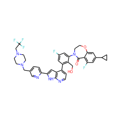 O=C1c2c(F)cc(C3CC3)cc2OCCN1c1cc(F)cc(-c2ccnc3[nH]c(-c4ccc(CN5CCN(CC(F)(F)F)CC5)cn4)cc23)c1CO ZINC001772588451