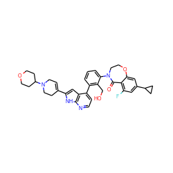 O=C1c2c(F)cc(C3CC3)cc2OCCN1c1cccc(-c2ccnc3[nH]c(C4=CCN(C5CCOCC5)CC4)cc23)c1CO ZINC000205721342