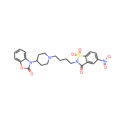 O=C1c2cc([N+](=O)[O-])ccc2S(=O)(=O)N1CCCCN1CCC(n2c(=O)oc3ccccc32)CC1 ZINC000026498694