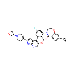 O=C1c2ccc(C3CC3)cc2OCCN1c1cc(F)cc(-c2ccnc3[nH]c(C4=CCN(C5COC5)CC4)cc23)c1CO ZINC001772653497