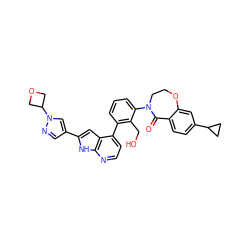 O=C1c2ccc(C3CC3)cc2OCCN1c1cccc(-c2ccnc3[nH]c(-c4cnn(C5COC5)c4)cc23)c1CO ZINC000224782566