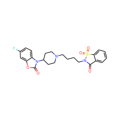 O=C1c2ccccc2S(=O)(=O)N1CCCCN1CCC(n2c(=O)oc3cc(F)ccc32)CC1 ZINC000026498706