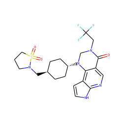 O=C1c2cnc3[nH]ccc3c2N([C@H]2CC[C@H](CN3CCCS3(=O)=O)CC2)CN1CC(F)(F)F ZINC001772617197