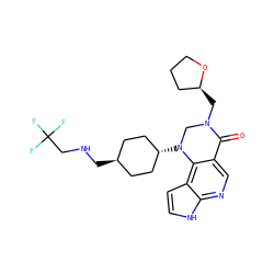 O=C1c2cnc3[nH]ccc3c2N([C@H]2CC[C@H](CNCC(F)(F)F)CC2)CN1C[C@H]1CCCO1 ZINC001772607257