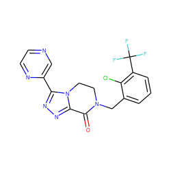 O=C1c2nnc(-c3cnccn3)n2CCN1Cc1cccc(C(F)(F)F)c1Cl ZINC000219145508