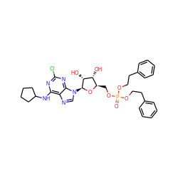 O=P(OCCc1ccccc1)(OCCc1ccccc1)OC[C@H]1O[C@@H](n2cnc3c(NC4CCCC4)nc(Cl)nc32)[C@H](O)[C@@H]1O ZINC000095555007