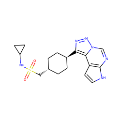 O=S(=O)(C[C@H]1CC[C@H](c2nnn3cnc4[nH]ccc4c23)CC1)NC1CC1 ZINC001772612789