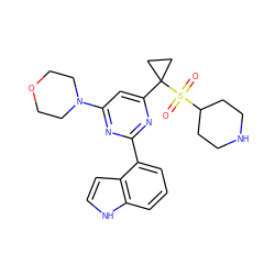 O=S(=O)(C1CCNCC1)C1(c2cc(N3CCOCC3)nc(-c3cccc4[nH]ccc34)n2)CC1 ZINC000095582165