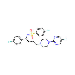 O=S(=O)(N[C@@H](CCCN1CCN(c2ncc(F)cn2)CC1)c1ccc(F)cc1)c1ccc(F)cc1 ZINC000003784026