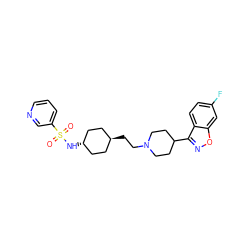 O=S(=O)(N[C@H]1CC[C@H](CCN2CCC(c3noc4cc(F)ccc34)CC2)CC1)c1cccnc1 ZINC001772603028