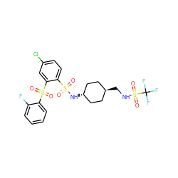 O=S(=O)(N[C@H]1CC[C@H](CNS(=O)(=O)C(F)(F)F)CC1)c1ccc(Cl)cc1S(=O)(=O)c1ccccc1F ZINC000261159212