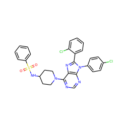 O=S(=O)(NC1CCN(c2ncnc3c2nc(-c2ccccc2Cl)n3-c2ccc(Cl)cc2)CC1)c1ccccc1 ZINC000095572208