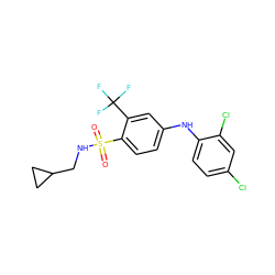 O=S(=O)(NCC1CC1)c1ccc(Nc2ccc(Cl)cc2Cl)cc1C(F)(F)F ZINC000145716755