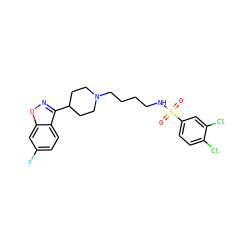 O=S(=O)(NCCCCN1CCC(c2noc3cc(F)ccc23)CC1)c1ccc(Cl)c(Cl)c1 ZINC000114601350