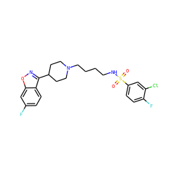 O=S(=O)(NCCCCN1CCC(c2noc3cc(F)ccc23)CC1)c1ccc(F)c(Cl)c1 ZINC000114600815