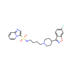 O=S(=O)(NCCCCN1CCC(c2noc3cc(F)ccc23)CC1)c1cnc2ccccn12 ZINC000114601352