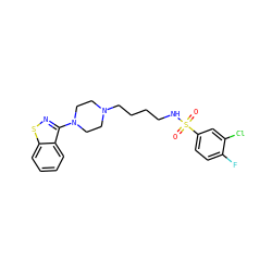 O=S(=O)(NCCCCN1CCN(c2nsc3ccccc23)CC1)c1ccc(F)c(Cl)c1 ZINC000114600627