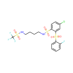 O=S(=O)(NCCCCNS(=O)(=O)C(F)(F)F)c1ccc(Cl)cc1S(=O)(=O)c1ccccc1F ZINC000049757070