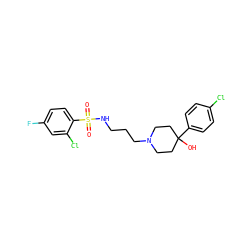 O=S(=O)(NCCCN1CCC(O)(c2ccc(Cl)cc2)CC1)c1ccc(F)cc1Cl ZINC000029125681