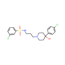 O=S(=O)(NCCCN1CCC(O)(c2ccc(Cl)cc2)CC1)c1cccc(Cl)c1 ZINC000029125510