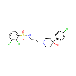 O=S(=O)(NCCCN1CCC(O)(c2ccc(Cl)cc2)CC1)c1cccc(Cl)c1Cl ZINC000029125783