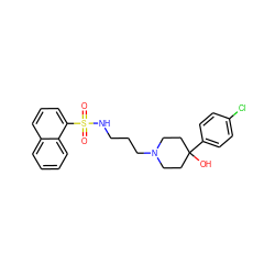 O=S(=O)(NCCCN1CCC(O)(c2ccc(Cl)cc2)CC1)c1cccc2ccccc12 ZINC000029125643