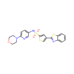 O=S(=O)(Nc1ccc(N2CCOCC2)nc1)c1cc(-c2nc3ccccc3s2)cs1 ZINC000084687254