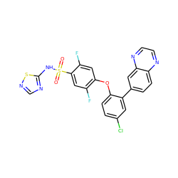 O=S(=O)(Nc1ncns1)c1cc(F)c(Oc2ccc(Cl)cc2-c2ccc3nccnc3c2)cc1F ZINC000205514405