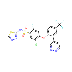 O=S(=O)(Nc1nncs1)c1cc(Cl)c(Oc2ccc(C(F)(F)F)cc2-c2ccnnc2)cc1F ZINC000095580697