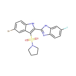 O=S(=O)(c1c(-c2nc3ccc(F)cc3[nH]2)[nH]c2ccc(Br)cc12)N1CCCC1 ZINC000029039030