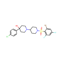 O=S(=O)(c1c(F)cc(F)cc1Br)N1CCC(N2CCC(O)(c3ccc(Cl)cc3)CC2)CC1 ZINC000029125461