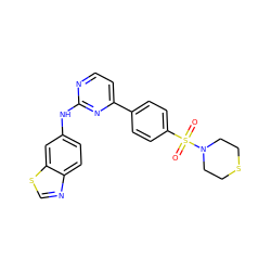 O=S(=O)(c1ccc(-c2ccnc(Nc3ccc4ncsc4c3)n2)cc1)N1CCSCC1 ZINC000029042765