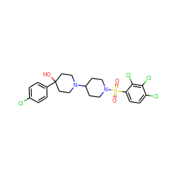 O=S(=O)(c1ccc(Cl)c(Cl)c1Cl)N1CCC(N2CCC(O)(c3ccc(Cl)cc3)CC2)CC1 ZINC000029125459