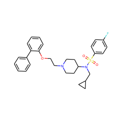 O=S(=O)(c1ccc(F)cc1)N(CC1CC1)C1CCN(CCOc2ccccc2-c2ccccc2)CC1 ZINC000653781843