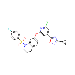 O=S(=O)(c1ccc(F)cc1)N1CCCc2ccc(Oc3cc(-c4nc(C5CC5)no4)cc(Cl)n3)cc21 ZINC000103264569