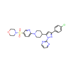 O=S(=O)(c1ccc(N2CCC(c3cc(-c4ccc(Cl)cc4)nn3-c3ncccn3)CC2)nc1)N1CCOCC1 ZINC000204263357