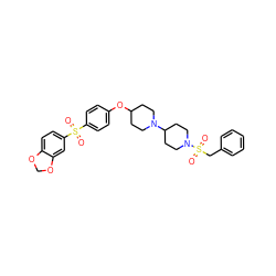 O=S(=O)(c1ccc(OC2CCN(C3CCN(S(=O)(=O)Cc4ccccc4)CC3)CC2)cc1)c1ccc2c(c1)OCO2 ZINC000003985871