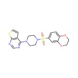 O=S(=O)(c1ccc2c(c1)OCCO2)N1CCN(c2ncnc3sccc23)CC1 ZINC000002637493