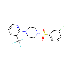 O=S(=O)(c1cccc(Cl)c1)N1CCN(c2ncccc2C(F)(F)F)CC1 ZINC000029045977