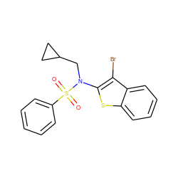 O=S(=O)(c1ccccc1)N(CC1CC1)c1sc2ccccc2c1Br ZINC000115236302