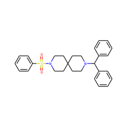 O=S(=O)(c1ccccc1)N1CCC2(CCN(C(c3ccccc3)c3ccccc3)CC2)CC1 ZINC000003956073