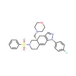 O=S(=O)(c1ccccc1)N1CCC2=Cc3c(cnn3-c3ccc(F)cc3)C[C@]2(CN2CCOCC2)C1 ZINC000029128153