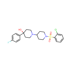 O=S(=O)(c1ccccc1Cl)N1CCC(N2CCC(O)(c3ccc(F)cc3)CC2)CC1 ZINC000029125881