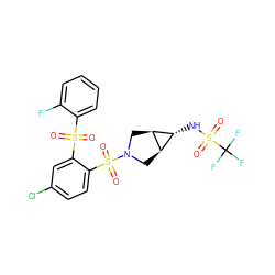 O=S(=O)(c1ccccc1F)c1cc(Cl)ccc1S(=O)(=O)N1C[C@H]2[C@H](NS(=O)(=O)C(F)(F)F)[C@H]2C1 ZINC000101311403