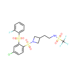 O=S(=O)(c1ccccc1F)c1cc(Cl)ccc1S(=O)(=O)N1CC(CCNS(=O)(=O)C(F)(F)F)C1 ZINC000049757071