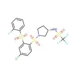 O=S(=O)(c1ccccc1F)c1cc(Cl)ccc1S(=O)(=O)N1CC[C@H](NS(=O)(=O)C(F)(F)F)C1 ZINC000049762387