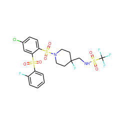 O=S(=O)(c1ccccc1F)c1cc(Cl)ccc1S(=O)(=O)N1CCC(F)(CNS(=O)(=O)C(F)(F)F)CC1 ZINC000049756431