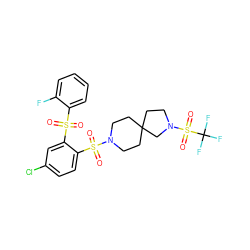 O=S(=O)(c1ccccc1F)c1cc(Cl)ccc1S(=O)(=O)N1CCC2(CC1)CCN(S(=O)(=O)C(F)(F)F)C2 ZINC000049771253