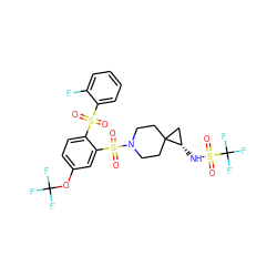 O=S(=O)(c1ccccc1F)c1ccc(OC(F)(F)F)cc1S(=O)(=O)N1CCC2(CC1)C[C@@H]2NS(=O)(=O)C(F)(F)F ZINC000049757487