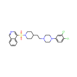 O=S(=O)(c1cncc2ccccc12)N1CCC(CCN2CCN(c3ccc(Cl)c(Cl)c3)CC2)CC1 ZINC001772574890